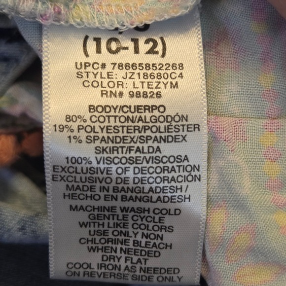 Jordache Girls Denim Overall Dress Floral Skirt Pom Pom Trim Blue Pink L 10-12 - Picture 5 of 5